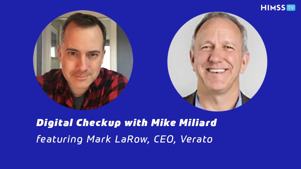 HIMSS TV interview artwork showing Mike Miliard on the left and Mark LaRow on the right