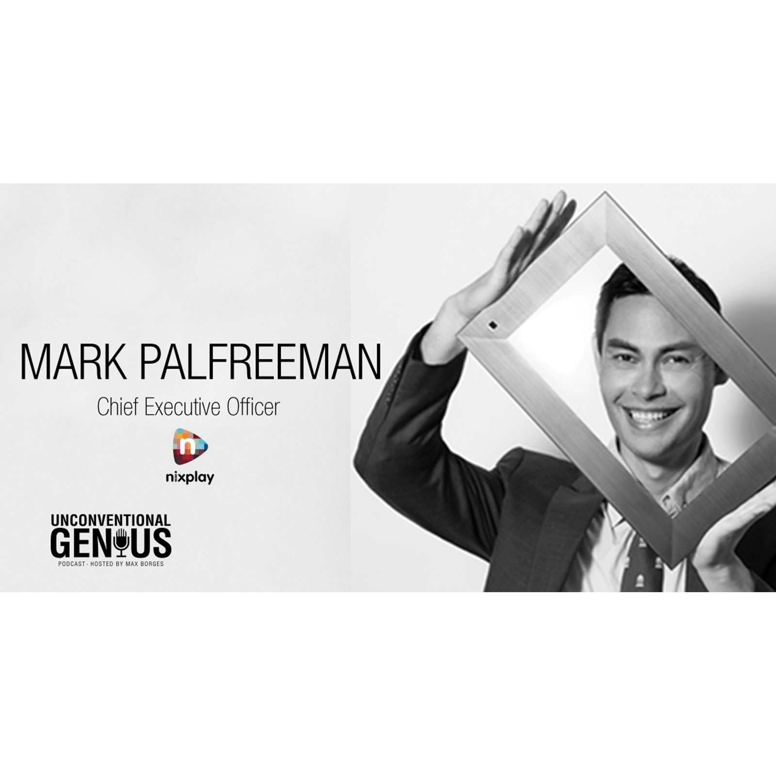 Unconventional Genius episode artwork showing Mark Palfreeman holding a picture frame around his face