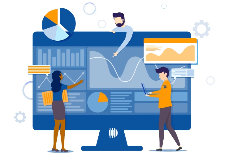 Digitech illustration of people working with charts and analytics on a large computer display