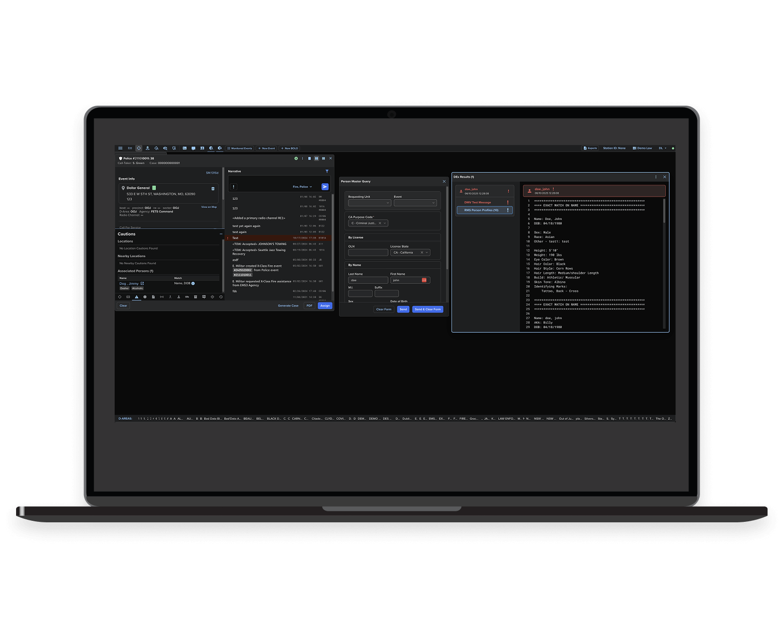 Mark43 public safety software displayed on a laptop, with incident context and query results visible.