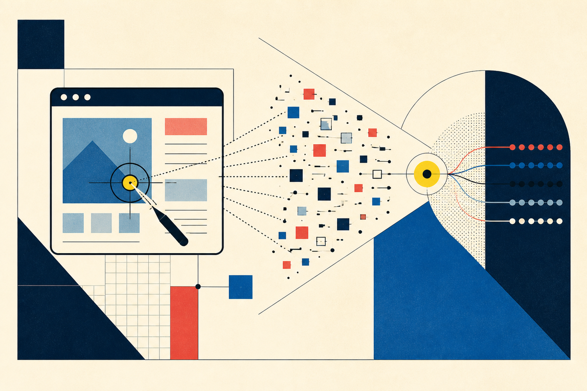Abstract Swiss-style illustration of a visual bug report becoming an organized stream of customer signals