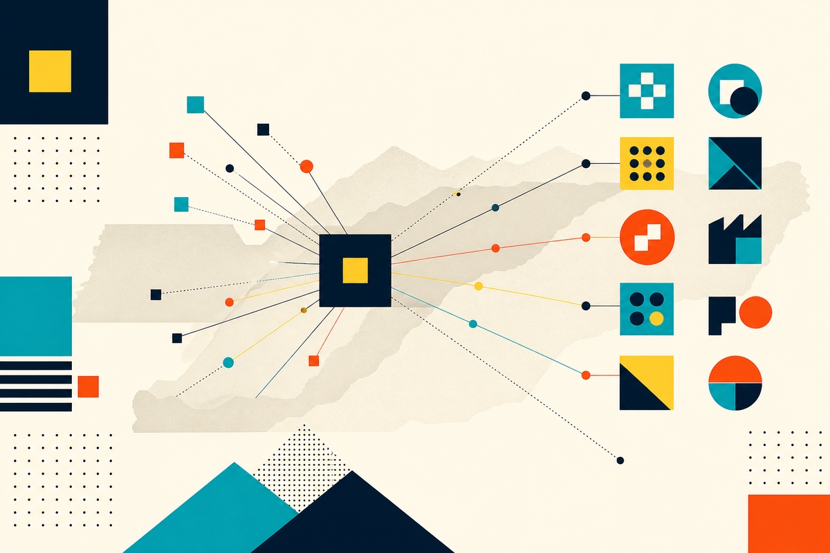 Abstract Swiss-style network of geometric venture nodes over an Appalachian ridge