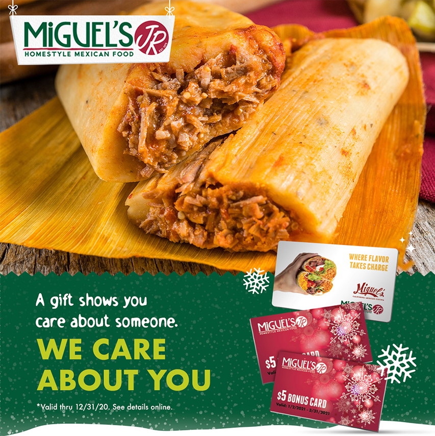 Miguel's Jr. bilingual campaign artwork featuring tamales and gift cards