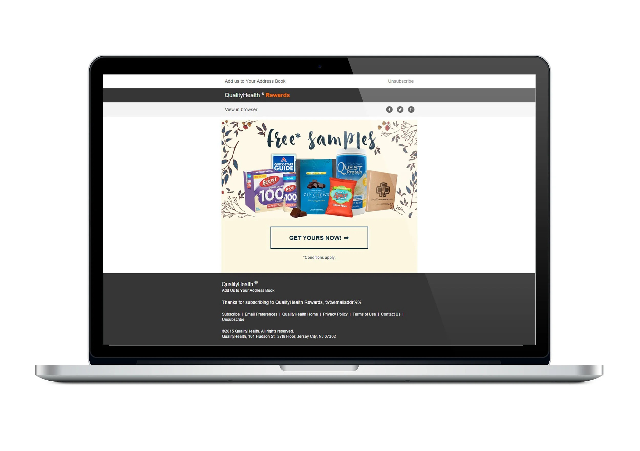 Historical QualityHealth Rewards sample-offer email displayed in a laptop mockup