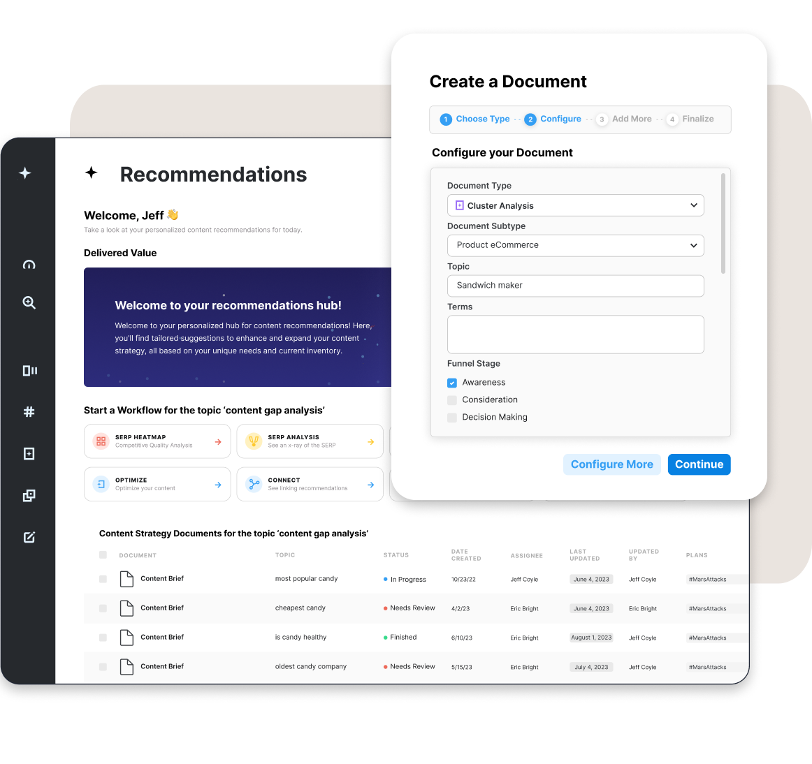 MarketMuse recommendations dashboard with a Create a Document configuration panel
