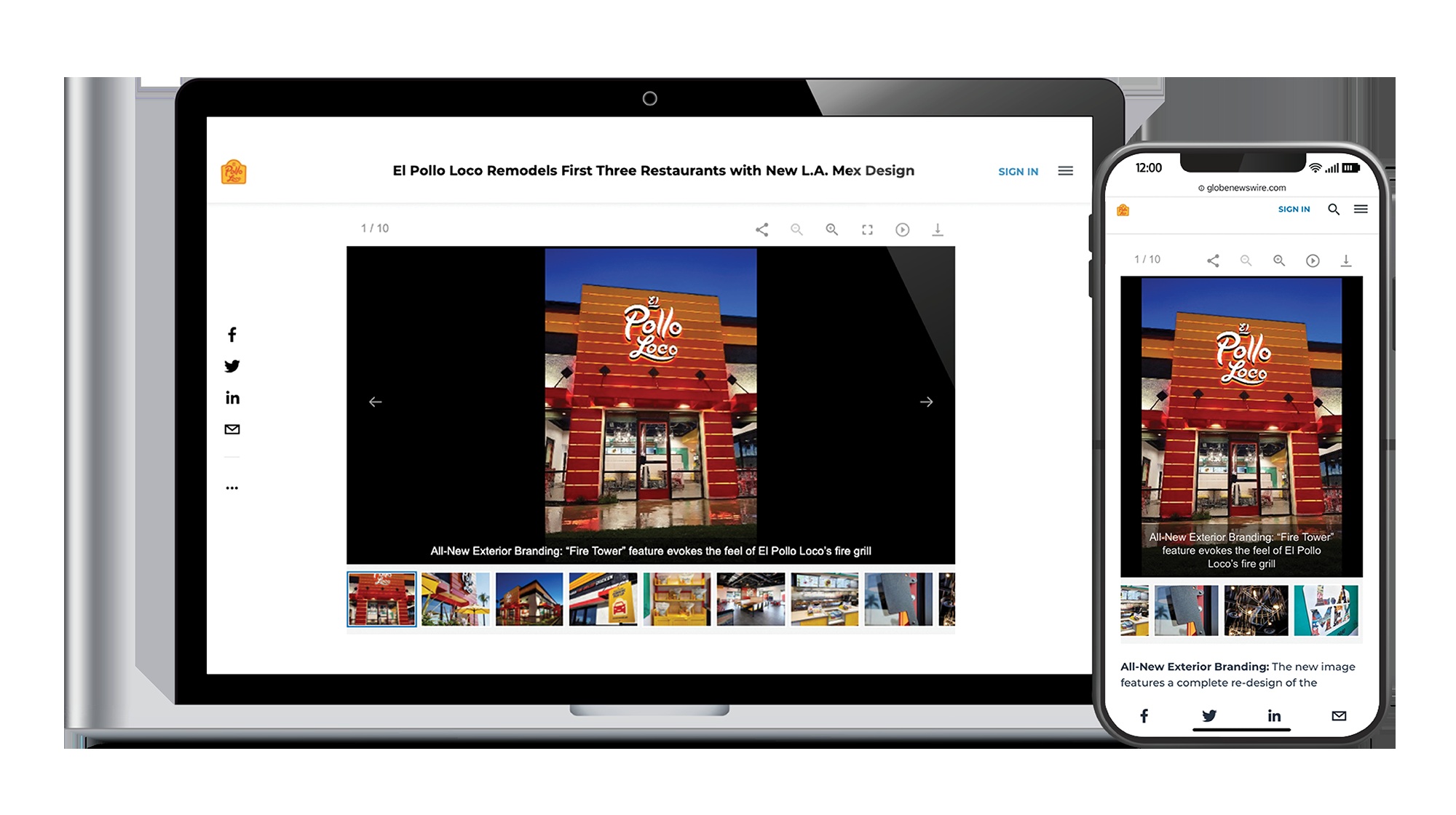 GlobeNewswire Media Snippets demonstration showing an El Pollo Loco restaurant announcement on a laptop and phone
