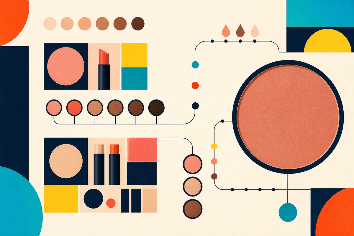 Abstract Swiss-style composition of cosmetic forms, skin-tone circles and connected distribution lines