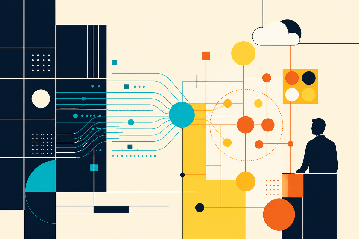 Abstract Swiss-style illustration of data streams entering a governed network of connected systems