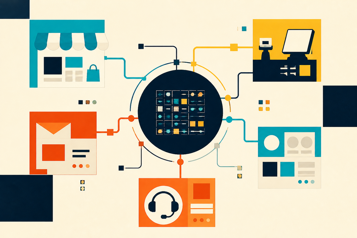 Abstract Swiss-style illustration of one data core connecting ecommerce, retail, marketing, merchandising and service
