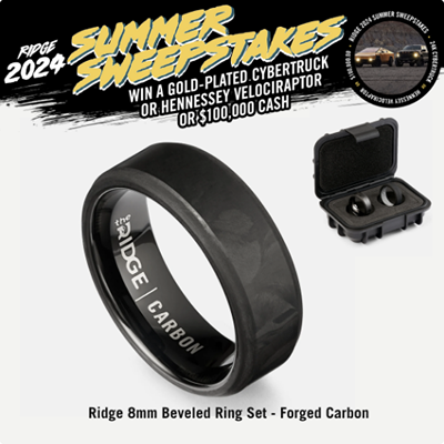 Ridge catalog creative showing a forged carbon ring and a summer sweepstakes offer
