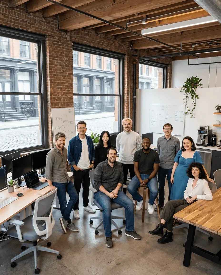 Marpipe team gathered in a brick-walled office with large windows