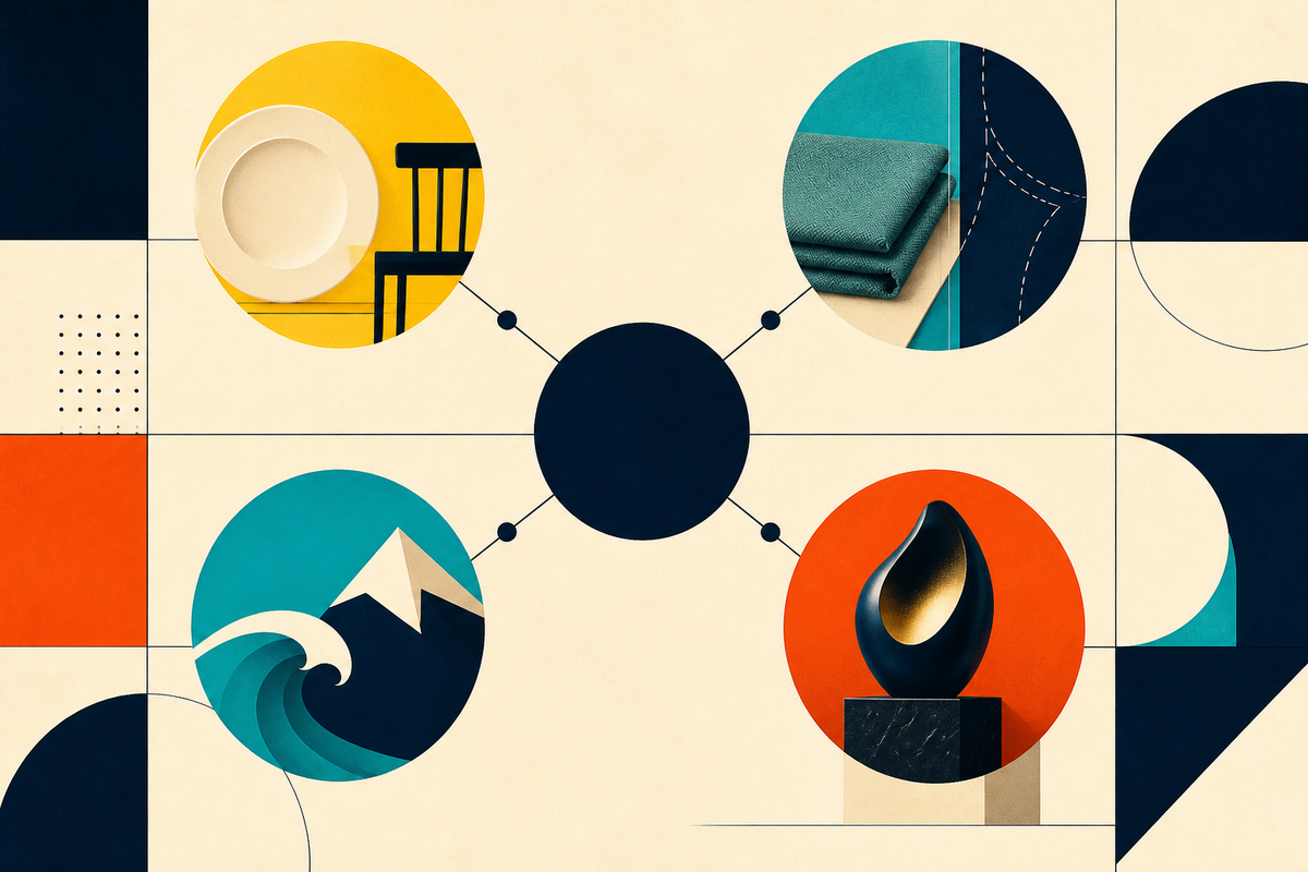 Abstract Swiss-style composition showing four consumer categories connected to a central hub