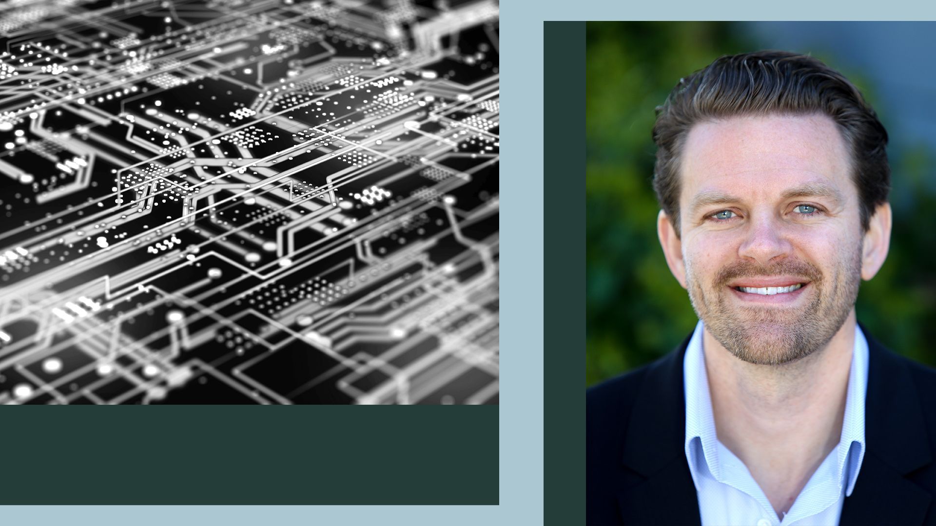 Editorial illustration of Marshall Heilman beside abstract cybersecurity imagery