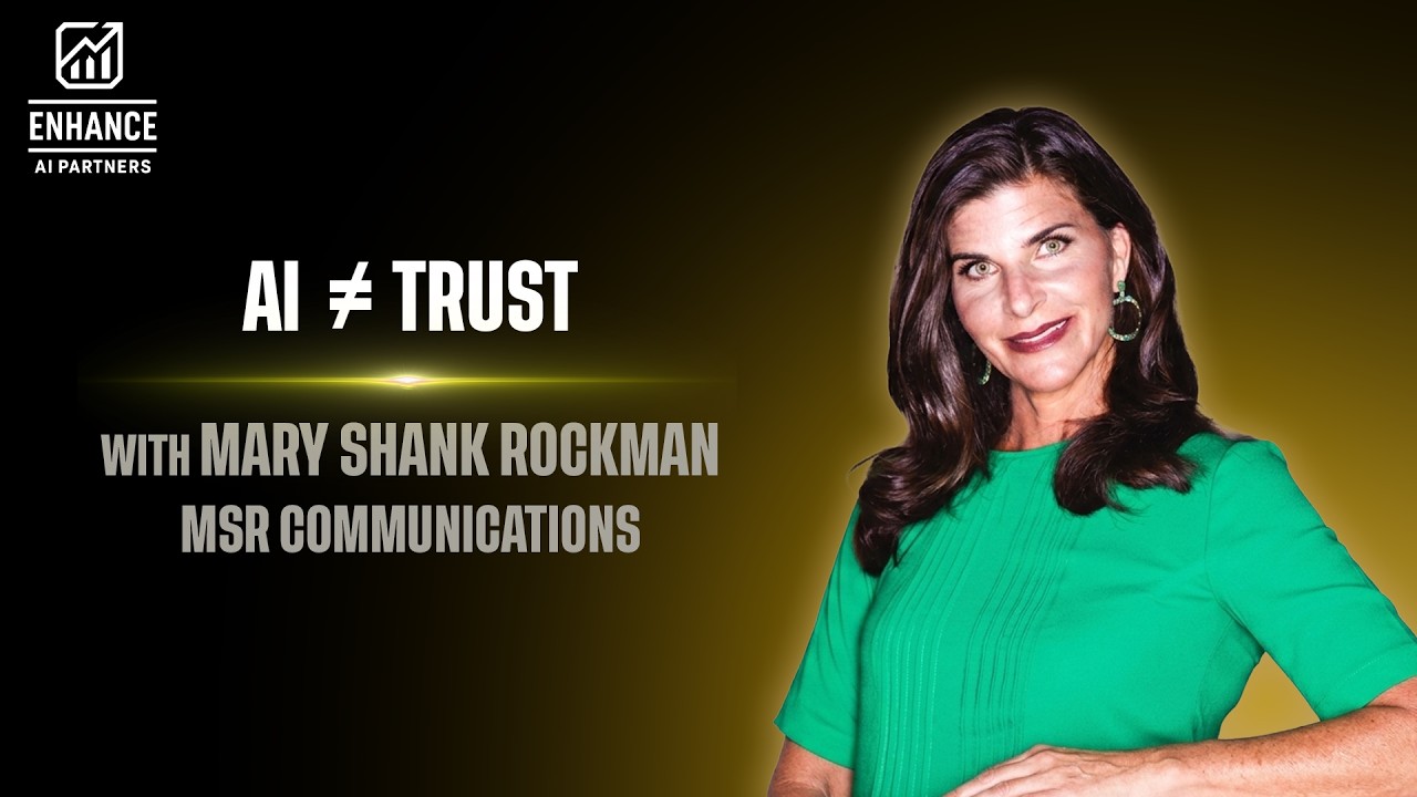 Enhance AI Partners promotional artwork featuring Mary Shank Rockman in green, alongside the words AI does not equal trust