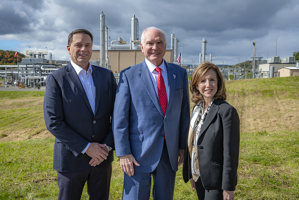 Greg Floerke, Representative Mike Kelly and Maryann Mannen stand at the Bluestone natural gas plant in Pennsylvania.