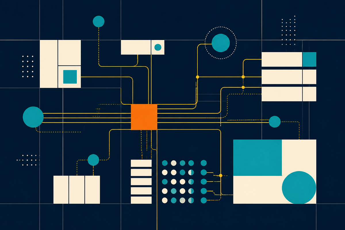 Abstract Swiss-style network of enterprise systems connected through a central orange node