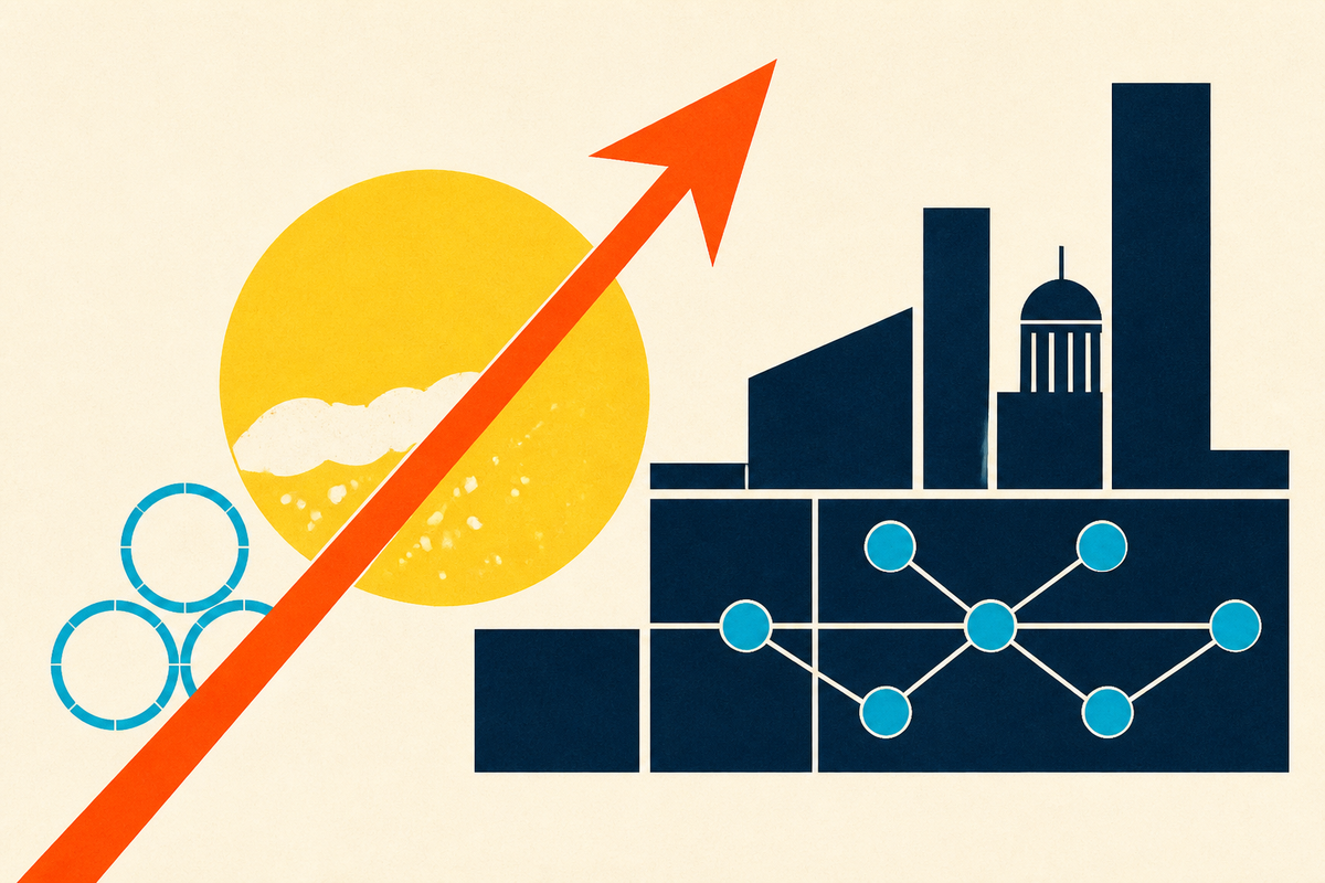 Abstract Swiss-style composition of a golden beer circle, Boston harbor forms, a rising harpoon and an ownership network