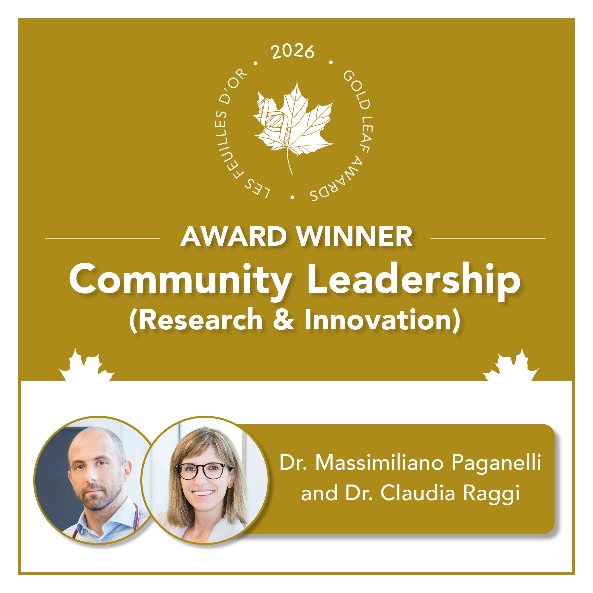 BIOTECanada’s 2026 Gold Leaf Award press graphic naming Massimiliano Paganelli and Claudia Raggi as joint winners