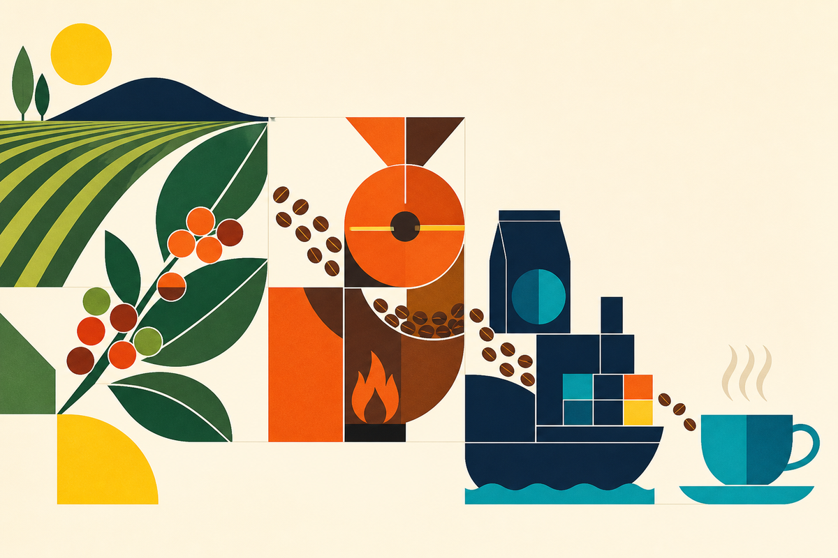 Geometric Swiss-style illustration tracing coffee from fields through roasting and shipping to a cup