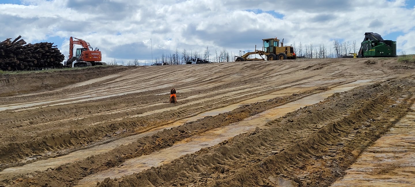 Heavy machinery prepares Mast Reforestation's MT1 biomass burial site in a wildfire-damaged Montana landscape