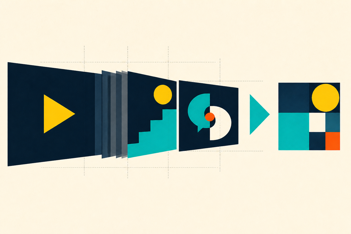 Abstract Swiss-style sequence of a play symbol becoming steps, conversation shapes and a finished modular block