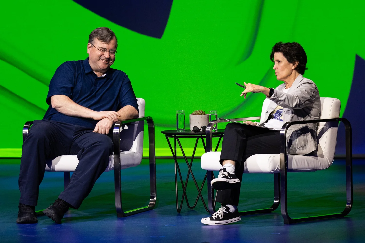 Reid Hoffman and Kara Swisher seated in conversation at Masters of Scale Summit