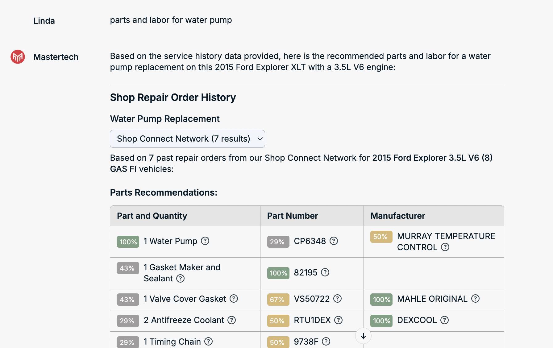 Mastertech.ai estimate interface showing recommended parts and labor