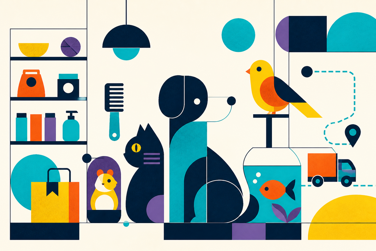Geometric Swiss-style illustration of pets, store shelves, grooming tools and a delivery route