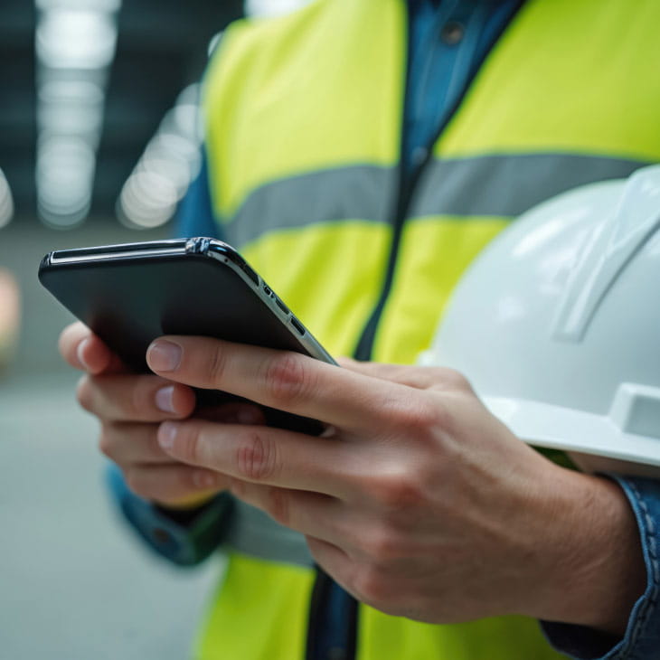 Illustrative photograph of a frontline worker holding a mobile handset and hard hat