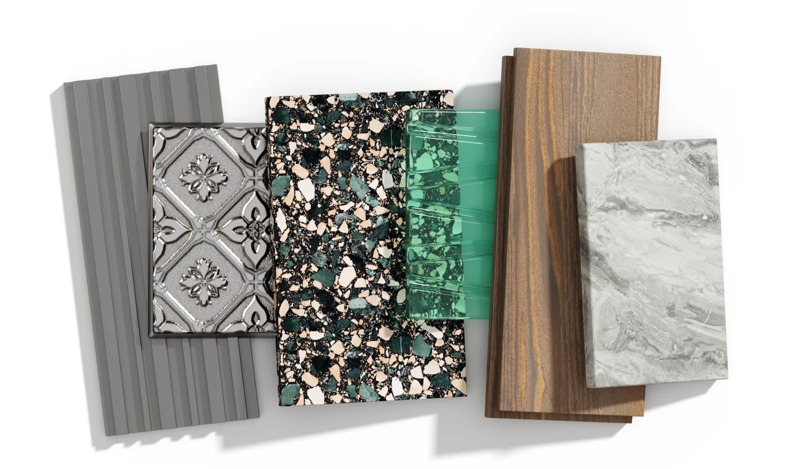 Material Bank digital palette combining textured, translucent and wood-effect surfaces