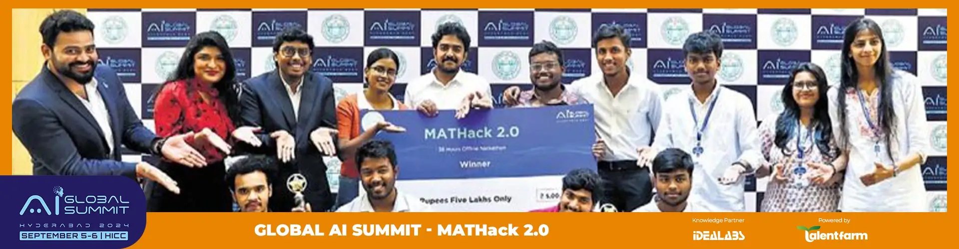MATHack 2.0 award recipients and organisers posing with a ceremonial prize cheque at the Global AI Summit