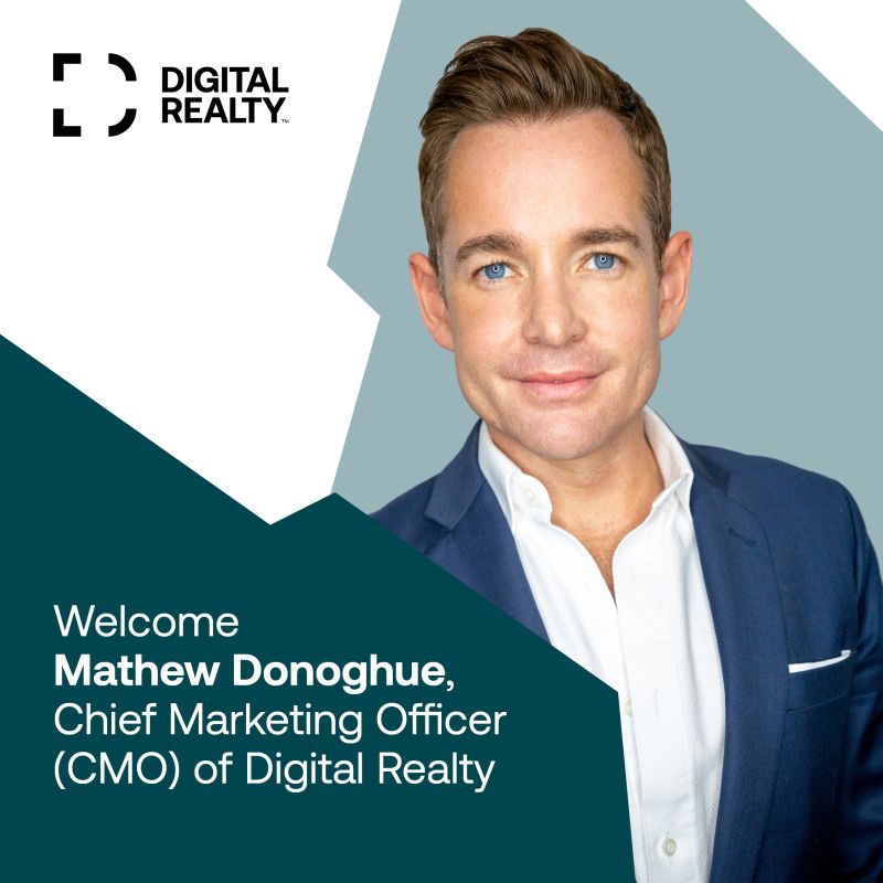 Digital Realty welcome announcement featuring Mathew Donoghue in a navy jacket