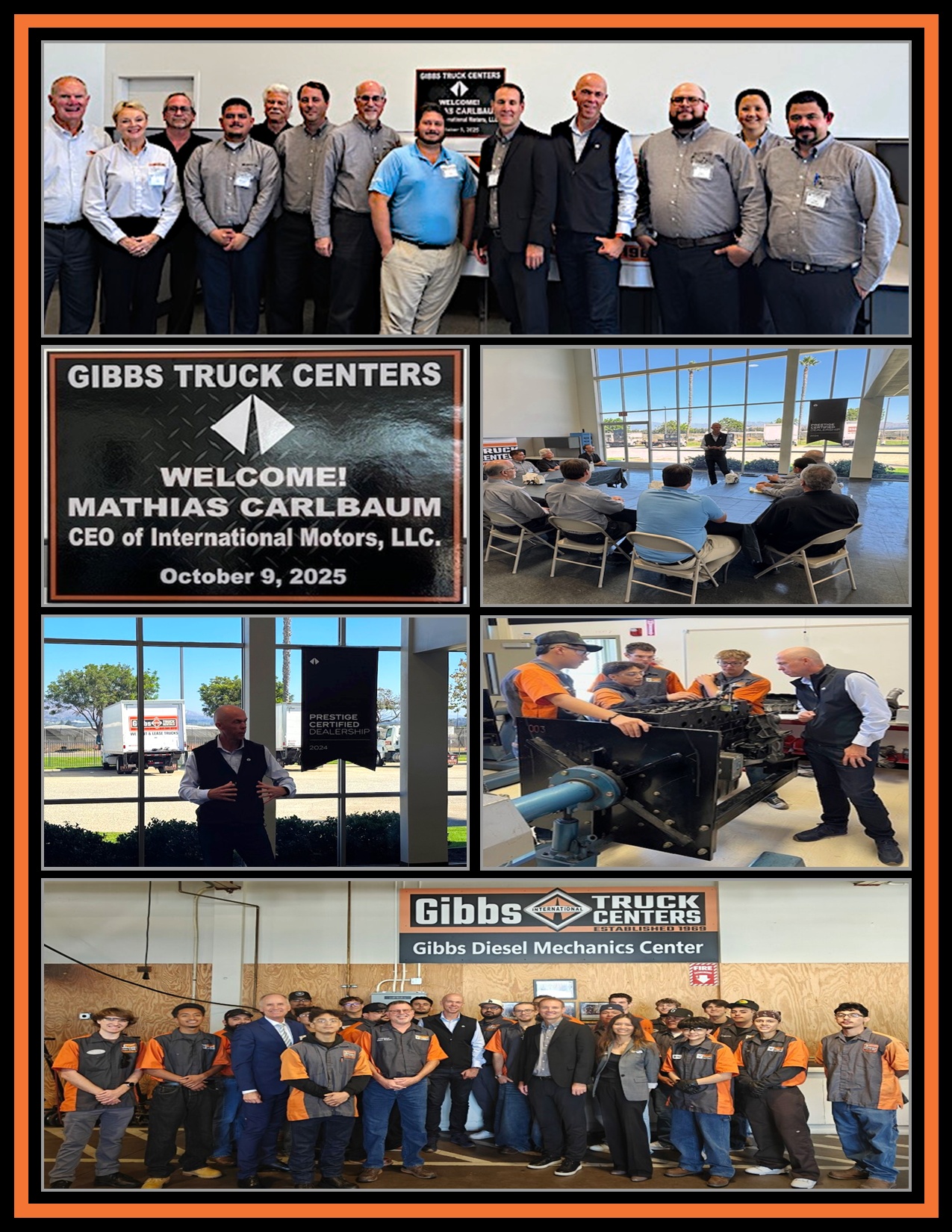 Photo collage of Carlbaum meeting the Gibbs Truck Centers team and diesel mechanics students during an October 2025 visit