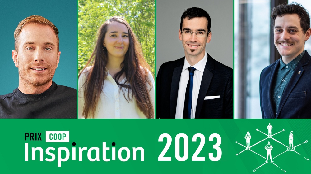 Université de Sherbrooke’s 2023 Coop inspiration award graphic, showing Mathieu Allaire at far left alongside Isabelle Béliveau, Dragan Tutic, and Laurent Dallaire.