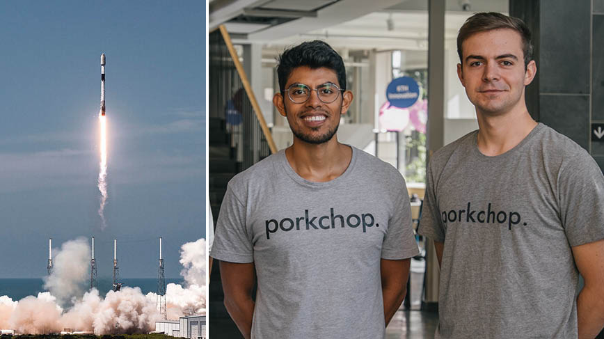 A SpaceX Falcon 9 launch beside porkchop founders Victor Gonzales and Matija Milenovic at KTH