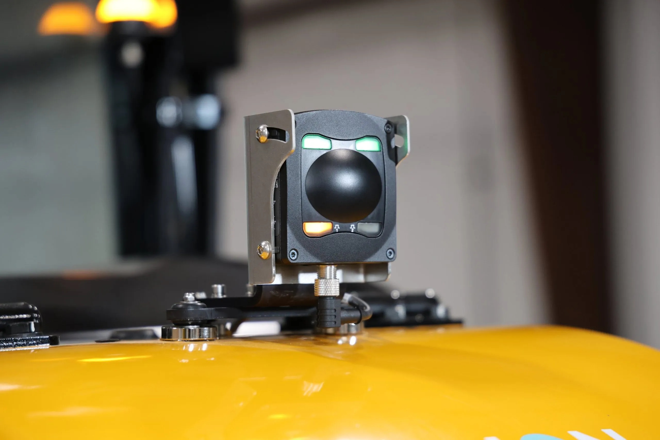 OmniPro radar sensor mounted on the rear of a yellow forklift