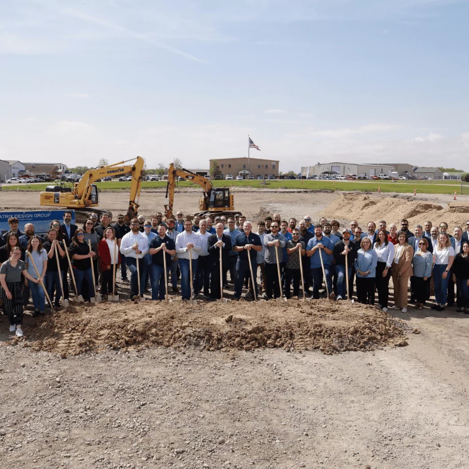 Matrix employees and stakeholders with shovels at the Newburgh headquarters groundbreaking