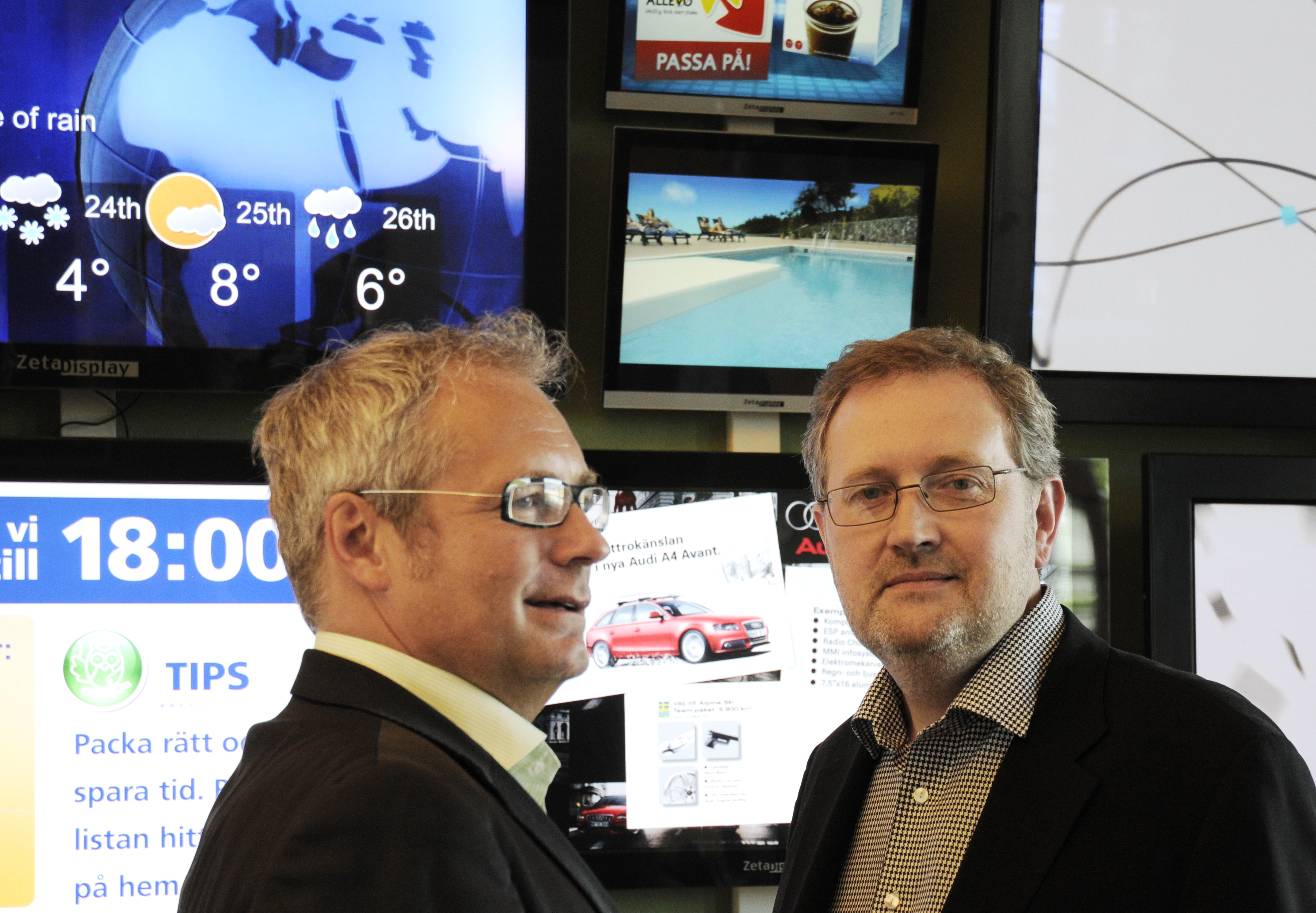 Leif Liljebrunn and Mats Johansson standing in front of ZetaDisplay screens in a company press photograph