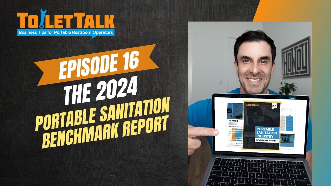 Matt Aiello presenting ServiceCore's 2024 Portable Sanitation Industry Benchmark Report in a ToiletTalk episode
