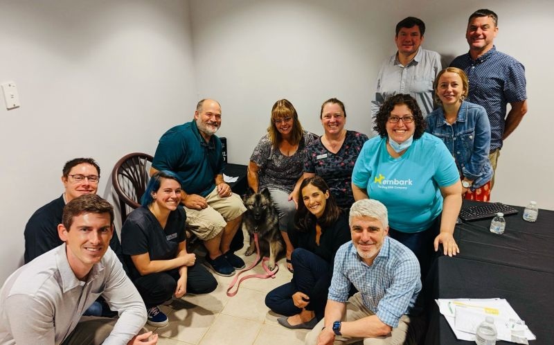 Matt Barton, at left in glasses, with members of Embark Veterinary and Telford Veterinary Hospital during a team visit