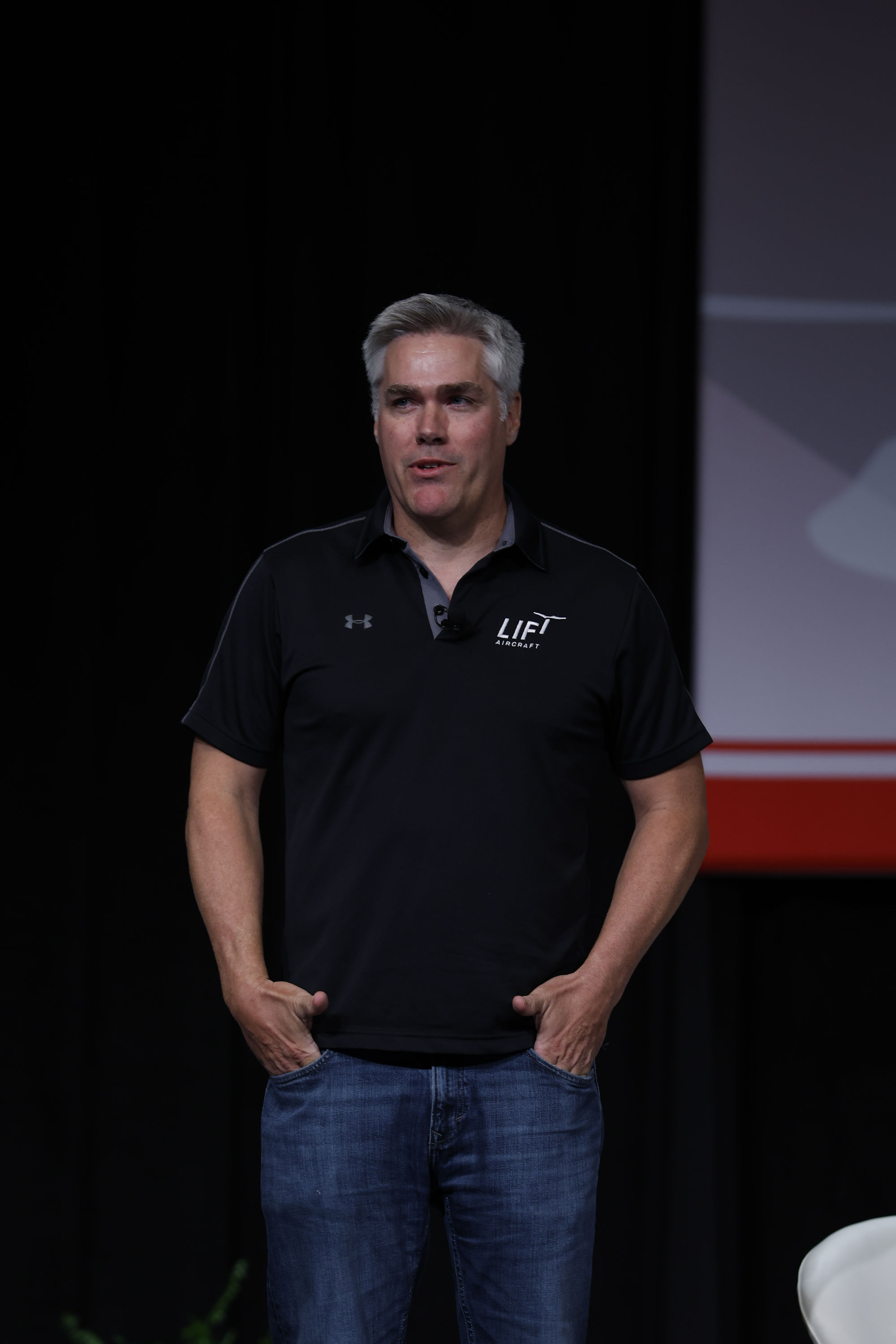 Matt Chasen speaking in a LIFT Aircraft polo shirt at the Vertical Flight Society’s Forum 78
