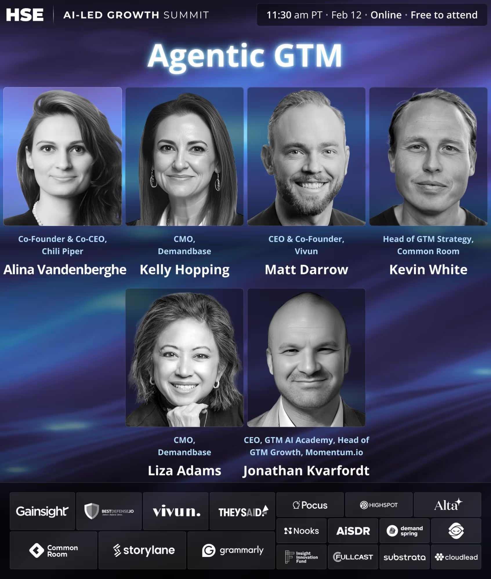 AI-Led Growth Summit panel artwork featuring Matt Darrow with Alina Vandenberghe, Kelly Hopping, Kevin White, Liza Adams and Jonathan Kvarfordt.
