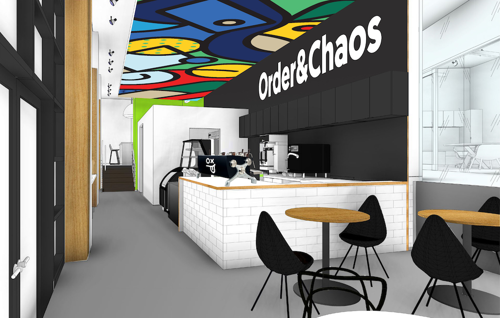 Order & Chaos coffee shop interior with seating and windows