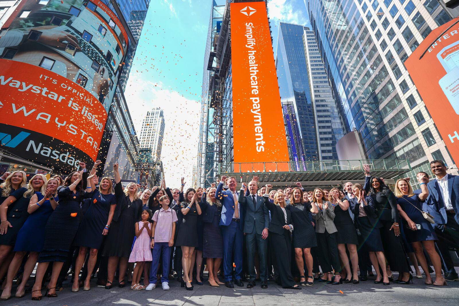Matt Hawkins and the Waystar team celebrating their Nasdaq listing in Times Square