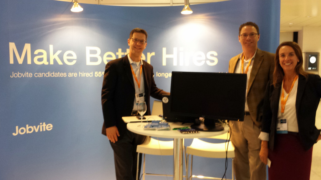 Matt Singer with Tim Lambert and Kimberley Kasper at the Jobvite booth during HR Tech Europe in 2014