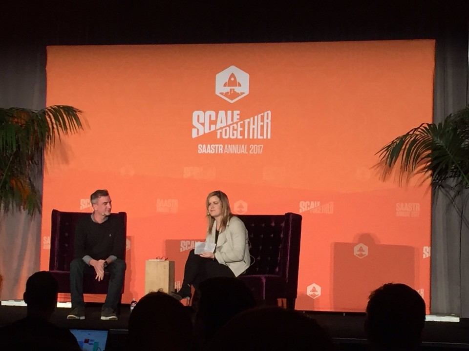 Matt Straz, left, speaking with Caroline Fairchild onstage at SaaStr Annual 2017