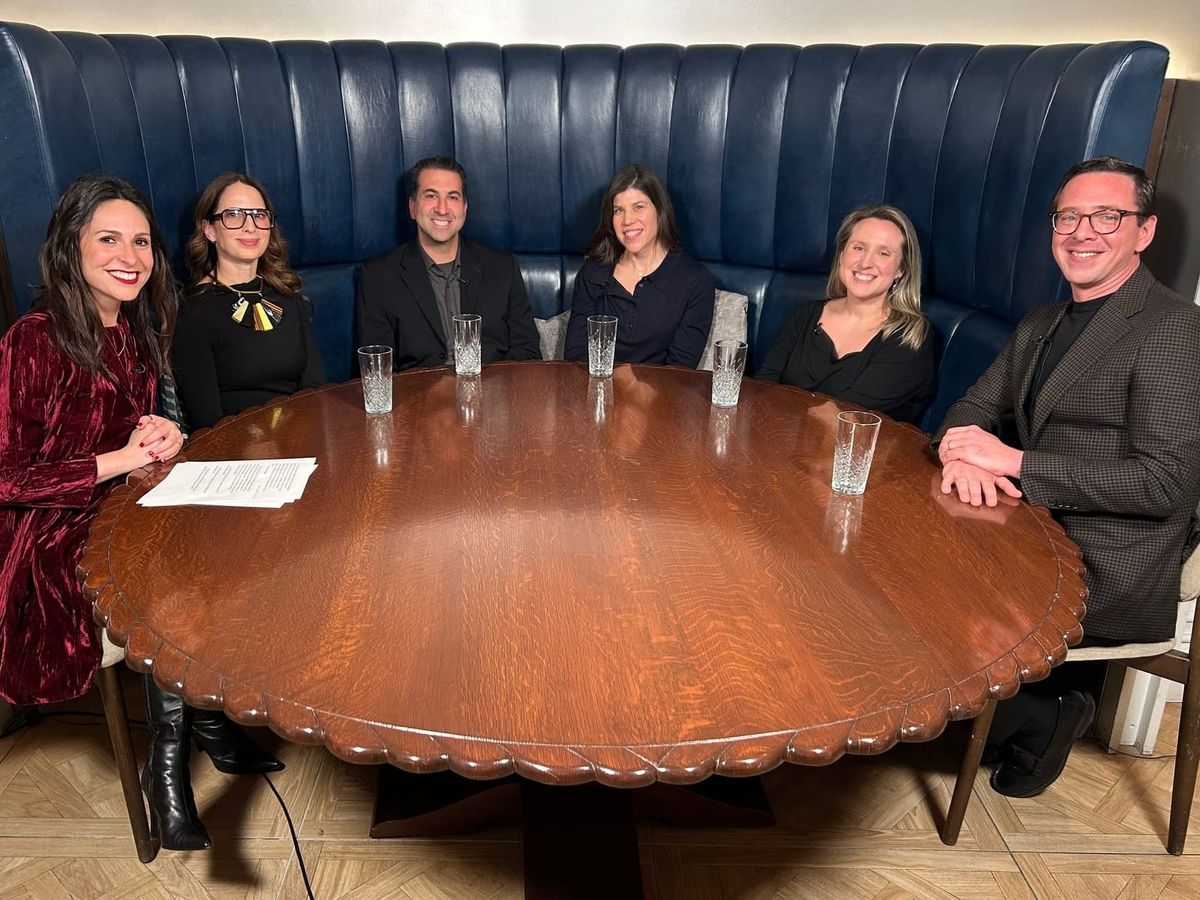 Ruthie Fierberg with Liz Furze, Jeremy Kraus, Ilene Rosen, Callie Goff and Matt Upshaw around a table at the Algonquin Hotel