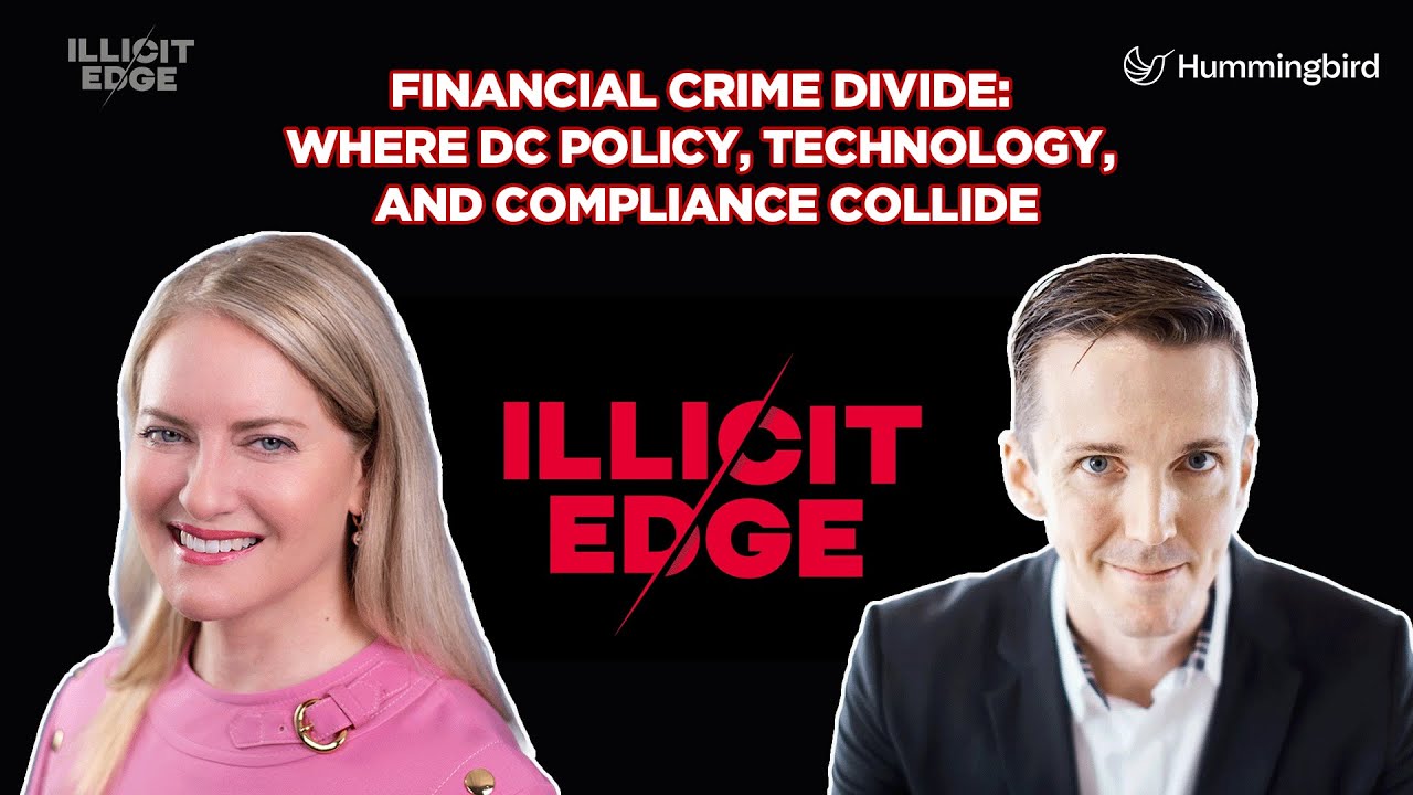 Interview artwork showing Elaine Dezenski and Matt Van Buskirk for Financial Crime Divide