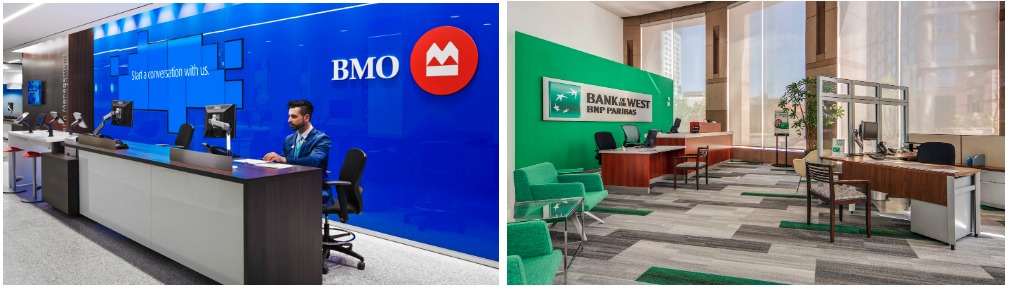 BMO blue branch interior beside a green Bank of the West branch