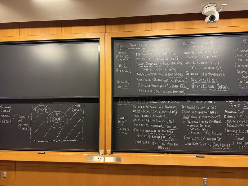 Harvard classroom chalkboards covered with notes from discussion of Applecart